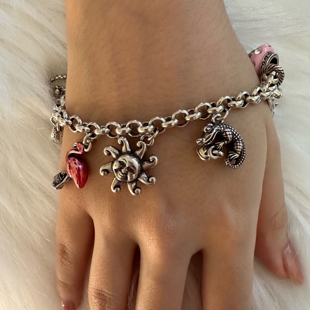 Brighton Silver Charm Bracelet with Red Heart and Pink Accents